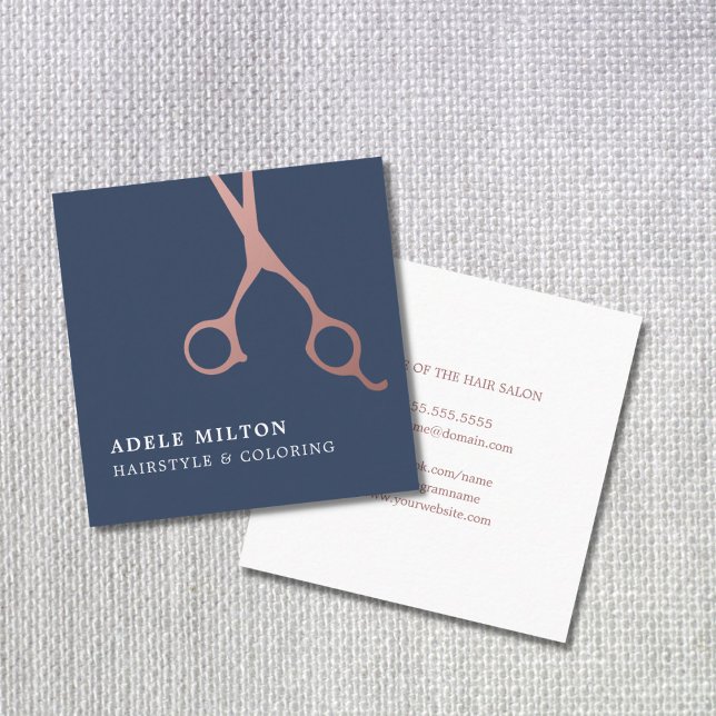 Minimalist Elegant Blue Rose Gold Hair Stylist Square Business Card (Creator Uploaded)