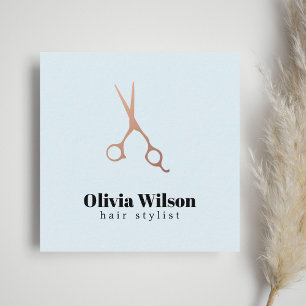 Minimalist Elegant Blue Rose Gold Scissors Hair Square Business Card