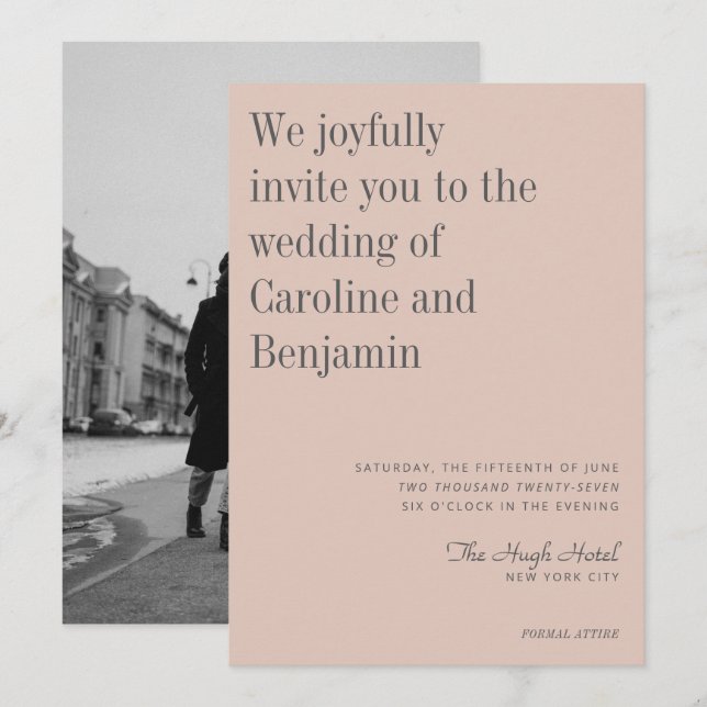 Minimalist Elegant Blush Grey Photo Wedding Invitation (Front/Back)