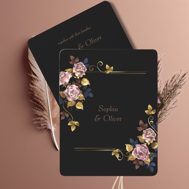 Minimalist Elegant Boho Black Gold Floral Wedding Invitation (Creator Uploaded)
