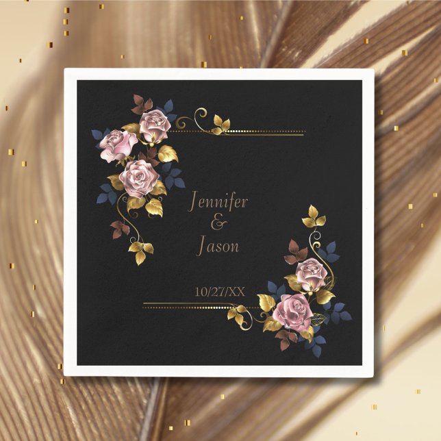 Minimalist Elegant Boho Black Gold Floral Wedding Napkin (Creator Uploaded)