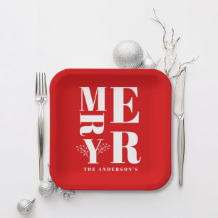 Minimalist Elegant Bright Red Merry Christmas Paper Plate