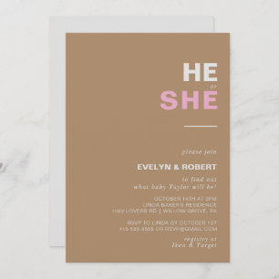 Minimalist Elegant Brown He or She Gender Reveal Invitation