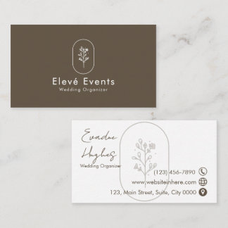 Minimalist Elegant Brown White Floral Emblem Clean Business Card