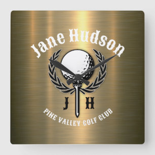 Minimalist Elegant Brushed Gold Golf Design Square Wall Clock