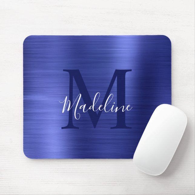 Minimalist Elegant Brushed Metal Blue Monogram Mouse Mat (With Mouse)