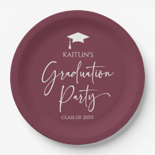 Minimalist Elegant Burgundy Graduation Party Paper Plate