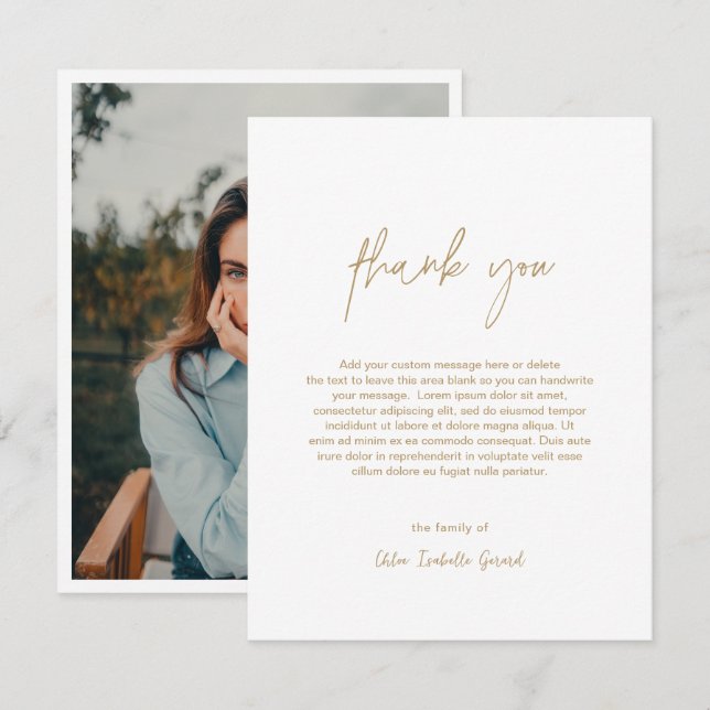 Minimalist Elegant Champagne Photo Modern Funeral Thank You Card (Front/Back)