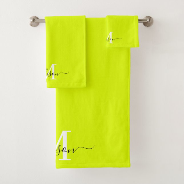 Minimalist Elegant Chartreuse Yellow Monogrammed Bath Towel Set (Insitu)