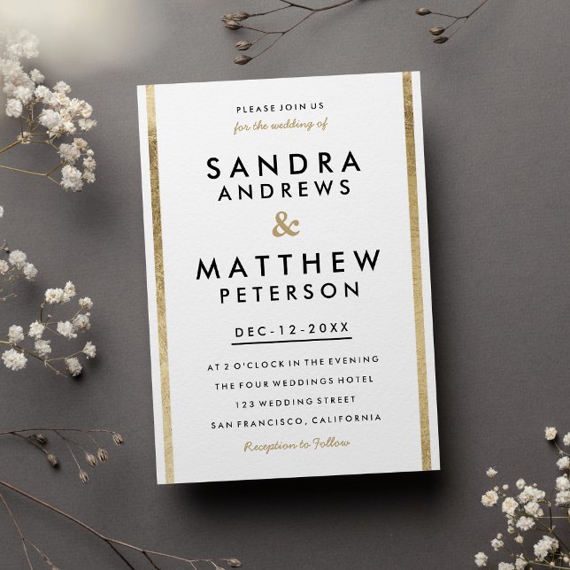 Minimalist Elegant Chic White Gold Stripes Wedding Invitation (Minimalist Elegant Chic White Gold Stripes Wedding )