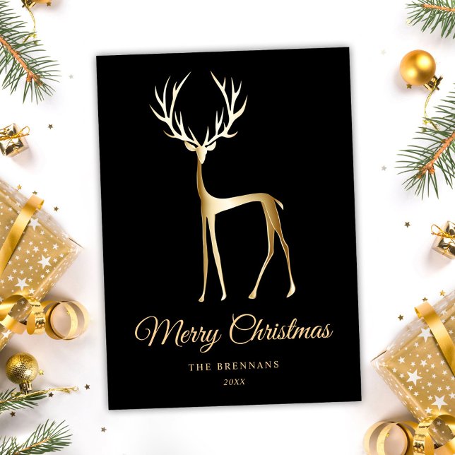 Minimalist Elegant Christmas Black Gold Reindeer Holiday Card (Minimalist Elegant Christmas Black Gold Reindeer Holiday Card)