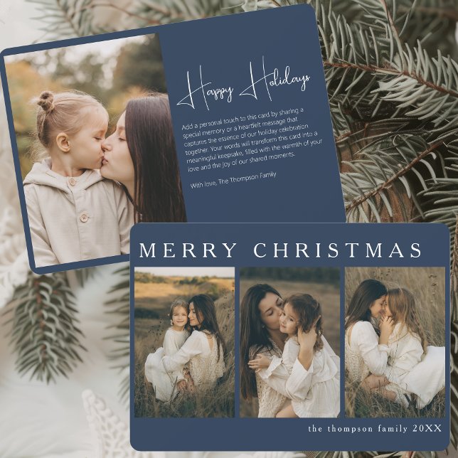 Minimalist Elegant Christmas Simple 4 Photo Blue Holiday Card (Creator Uploaded)