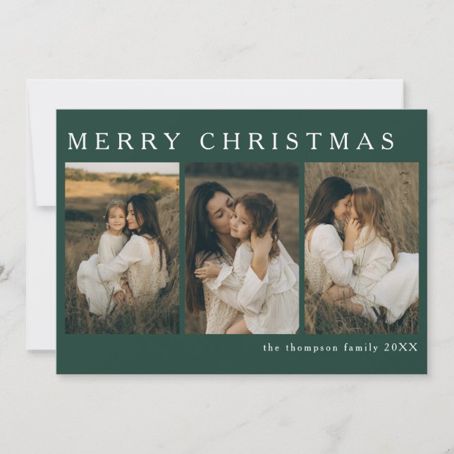 Minimalist Elegant Christmas Simple 4 Photo Green Holiday Card (Front)