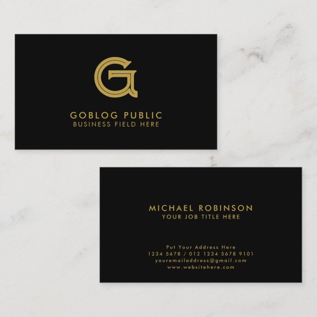 Minimalist Elegant Company Initial on Black Business Card (Front/Back)