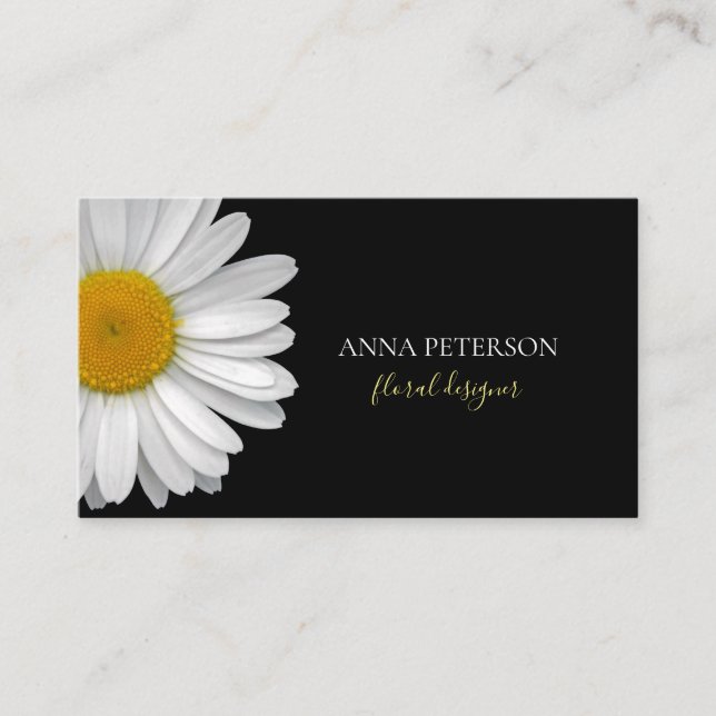 Minimalist Elegant Daisy Flower on Black Business Card (Front)