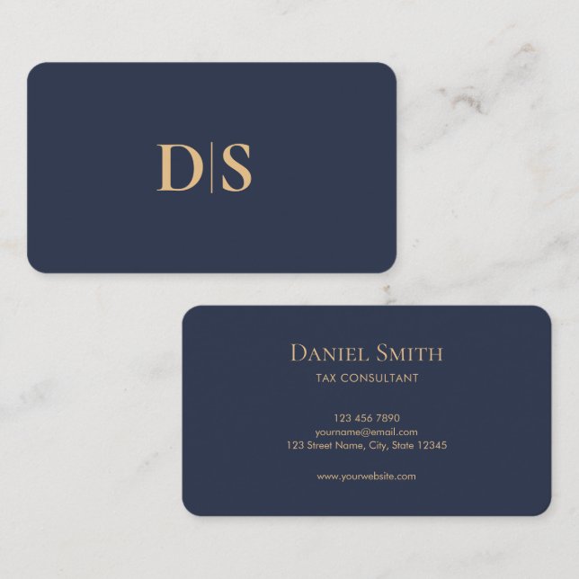 Minimalist Elegant Dark Blue Initial Professional Business Card (Front/Back)