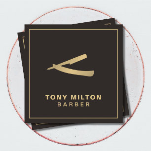 Minimalist Elegant Dark Faux Gold Razor Barber Square Business Card