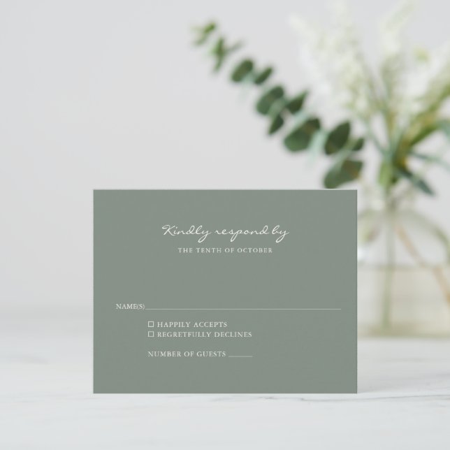 Minimalist Elegant Dark Sage Green Script Wedding  RSVP Card (Standing Front)