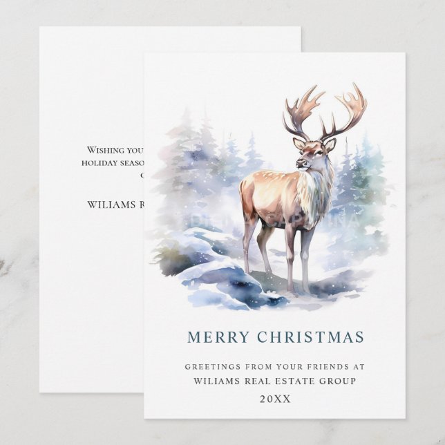 Minimalist Elegant Deer Christmas Tree Corporate Holiday Card (Front/Back)
