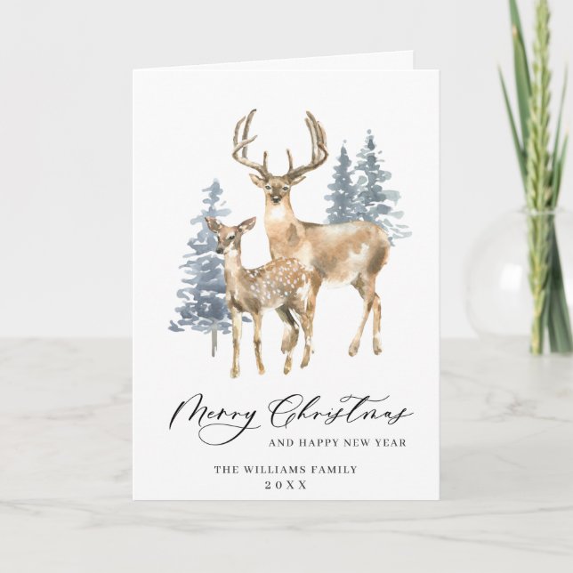 Minimalist Elegant Deer Christmas Tree Greeting Holiday Card (Front)