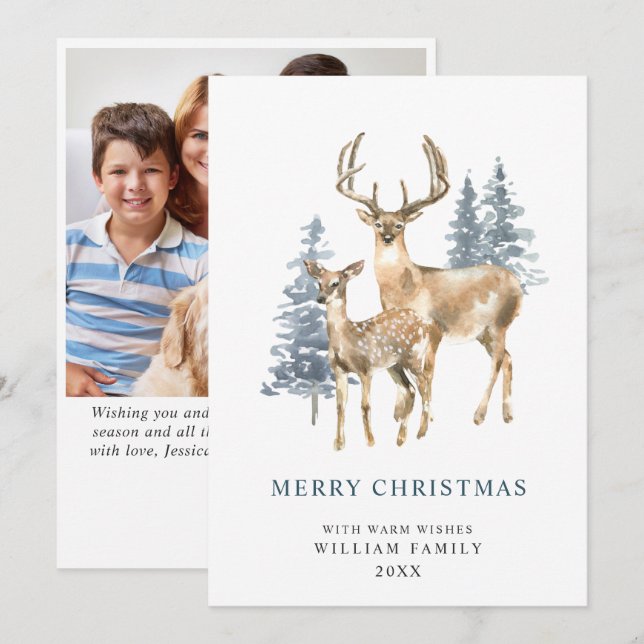 Minimalist Elegant Deer Christmas Tree PHOTO Holiday Card (Front/Back)