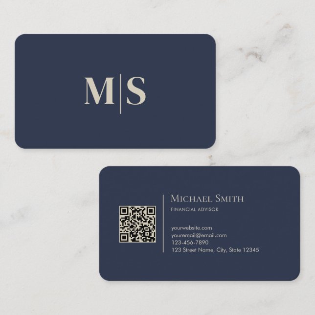 Minimalist Elegant Dusky Blue Initials QR Code Business Card (Front/Back)