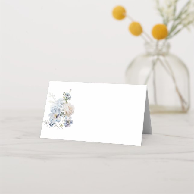 Minimalist Elegant Dusty Blue Floral Wedding Place Card (Front)