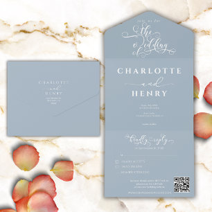Minimalist Elegant Dusty Blue  QR Code Wedding All In One Invitation