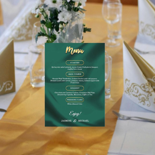 Minimalist Elegant Emerald & Gold Script Wedding  Menu (Creator Uploaded)