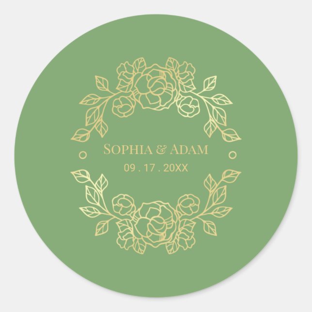 Minimalist Elegant Floral Green And Golden Colour  Classic Round Sticker (Front)