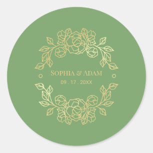 Minimalist Elegant Floral Green And Golden Colour  Classic Round Sticker