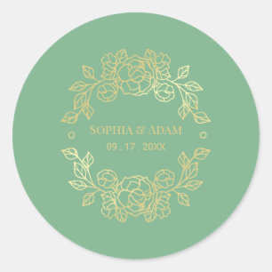 Minimalist Elegant Floral Jade Green And Golden   Classic Round Sticker