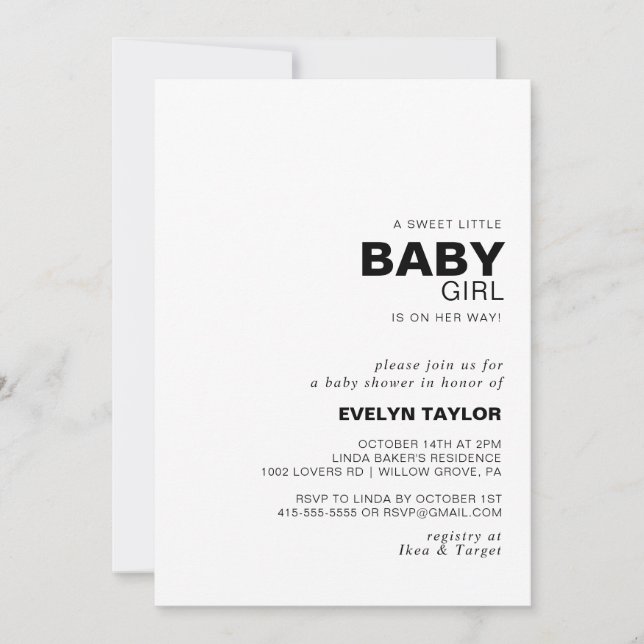 Minimalist Elegant Formal Baby Girl shower  Invitation (Front)