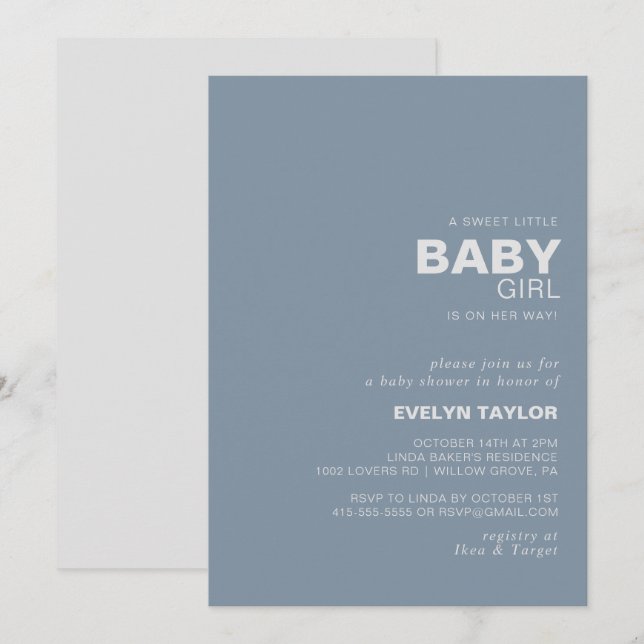 Minimalist Elegant Formal Blue Baby Girl shower   Invitation (Front/Back)