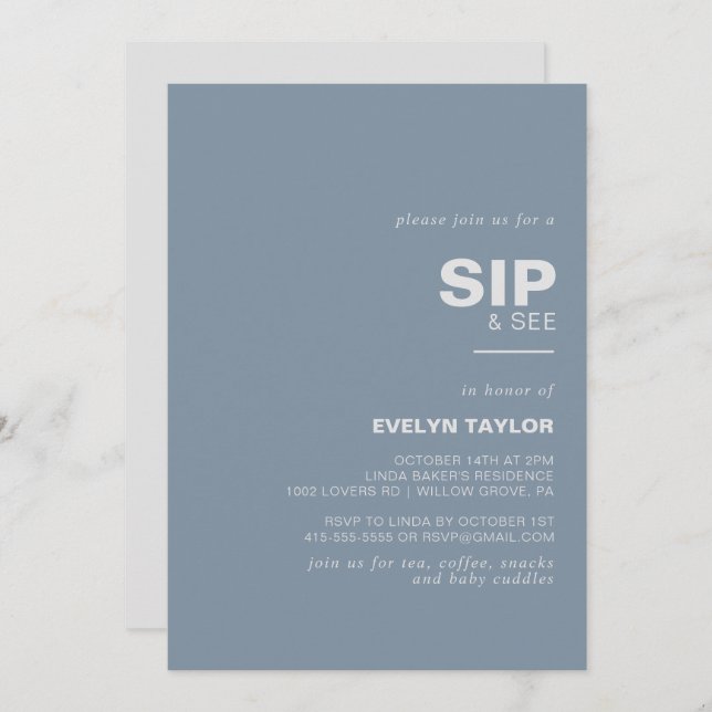 Minimalist Elegant Formal Blue Sip and See  Invitation (Front/Back)