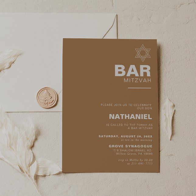 Minimalist Elegant Formal Brown Bar Mitzvah    Invitation (Creator Uploaded)