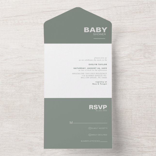Minimalist Elegant Formal Green Baby Shower   All In One Invitation (Inside)