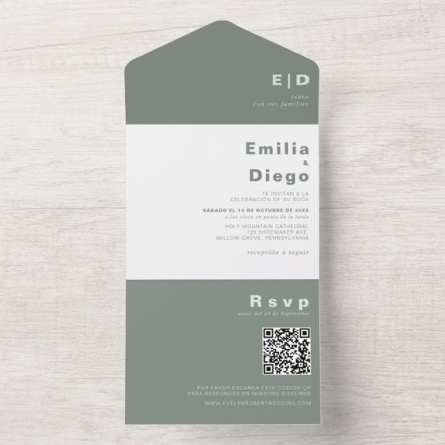 Minimalist Elegant Formal Green Boda Wedding    All In One Invitation (Inside)