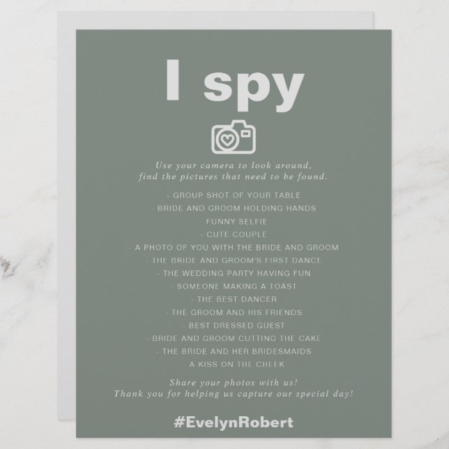 Minimalist Elegant Formal Green I Spy Wedding Game (Front/Back)