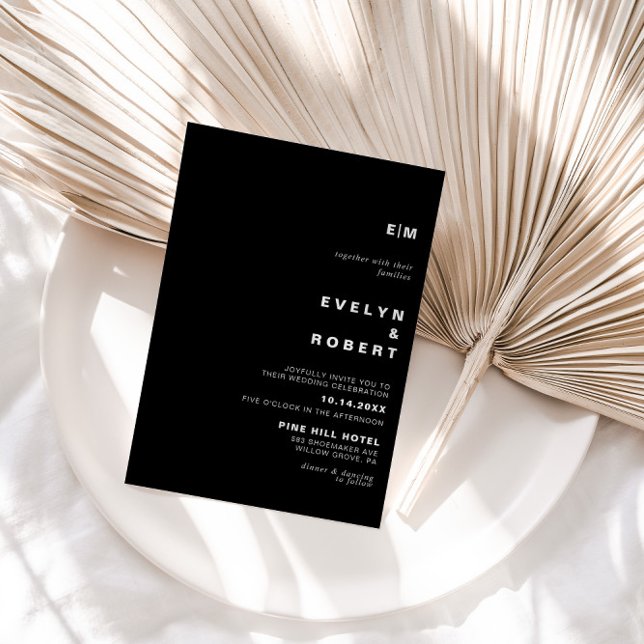 Minimalist Elegant Formal Initial Black Wedding  Invitation (Creator Uploaded)