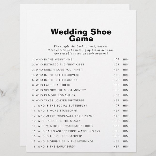 Minimalist Elegant Formal Wedding Shoe Game (Front/Back)