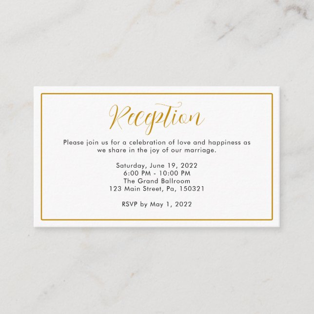 Minimalist Elegant Gold Border Wedding Reception Enclosure Card (Front)