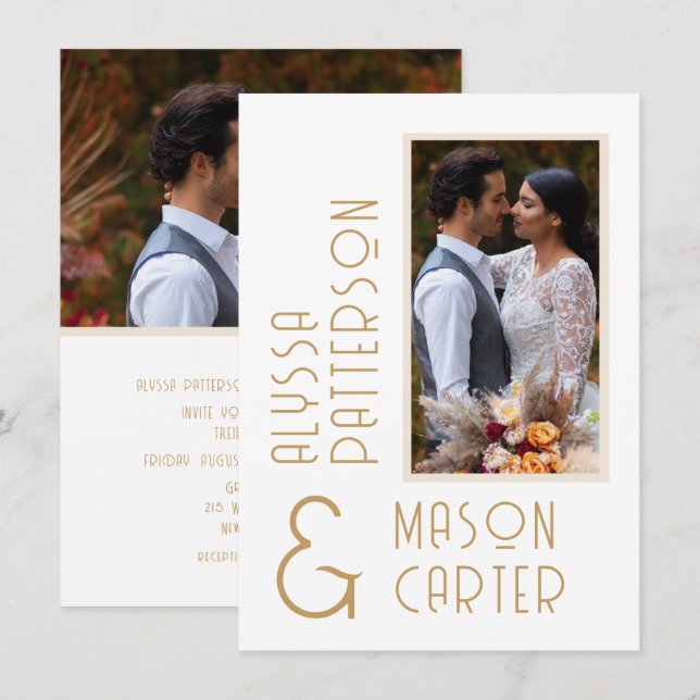 Minimalist Elegant Gold Modern Photo Wedding Invitation (Front/Back)