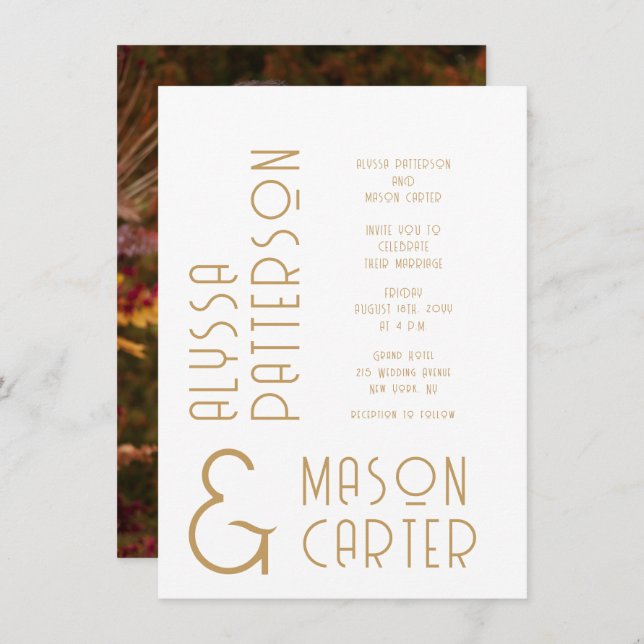 Minimalist Elegant Gold Modern Photo Wedding Invitation (Front/Back)
