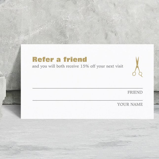 Minimalist Elegant Gold White Refer a Friend Card (Creator Uploaded)