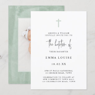 Minimalist Elegant Green Watercolor Photo Baptism Invitation
