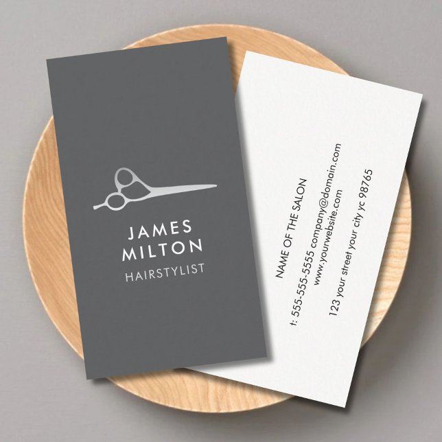 Minimalist Elegant Grey White Scissor Hair Stylist Business Card (Creator Uploaded)