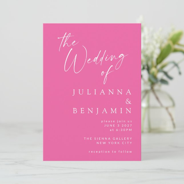 Minimalist Elegant Hot Pink Modern Script Wedding Invitation (Standing Front)