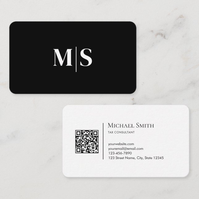 Minimalist Elegant Initials QRCode Black and White Business Card (Front/Back)