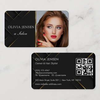 Minimalist Elegant Ivory Black Golden Hair Stylist Business Card